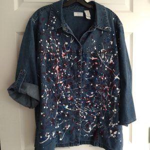 Red, white and blue Splatter Upcycled Woman's Denim Button Front Top PTP is 23